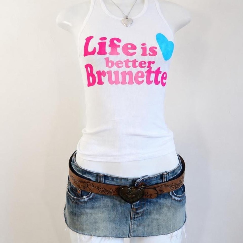 y2k life is better brunette graphic tank white ribbed tank size XS